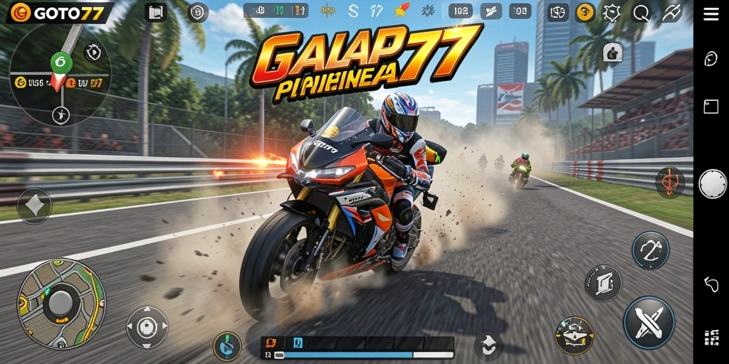 Screenshot gameplay GOTO77 menunjukkan kecepatan tinggi motor yang mendebarkan.