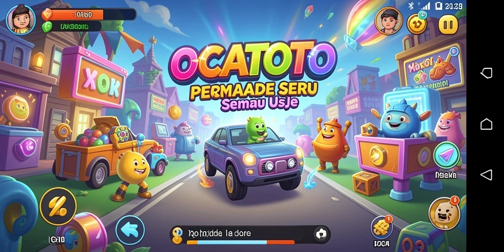 Tampilan gameplay seru OCATOTO dengan karakter berwarna-warni.